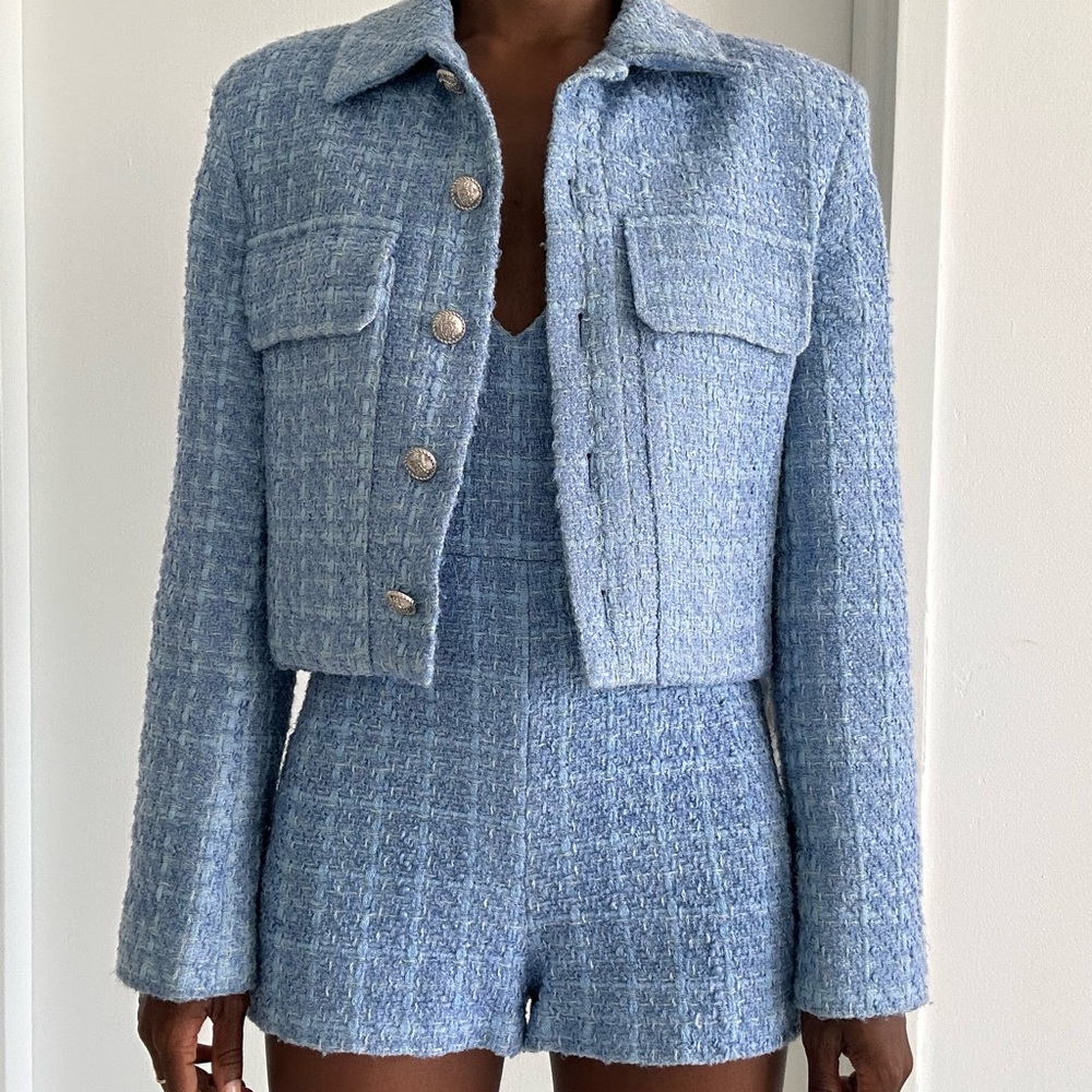 Women's Blue Tweed Jacket and Shorts Set
